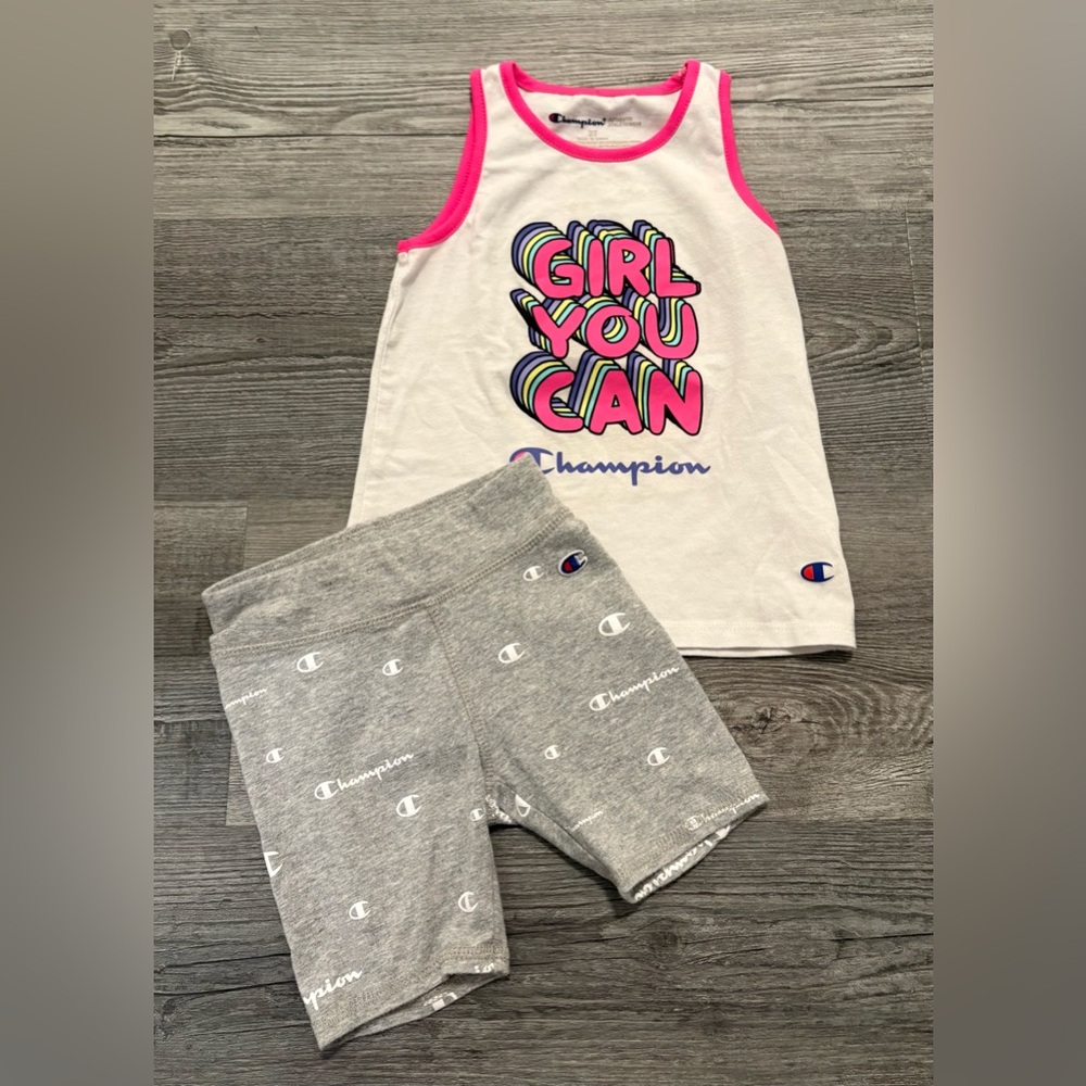 Champion 'Girl You Can' Tank & Shorts Set - White, Pink, Gray. Size 3T